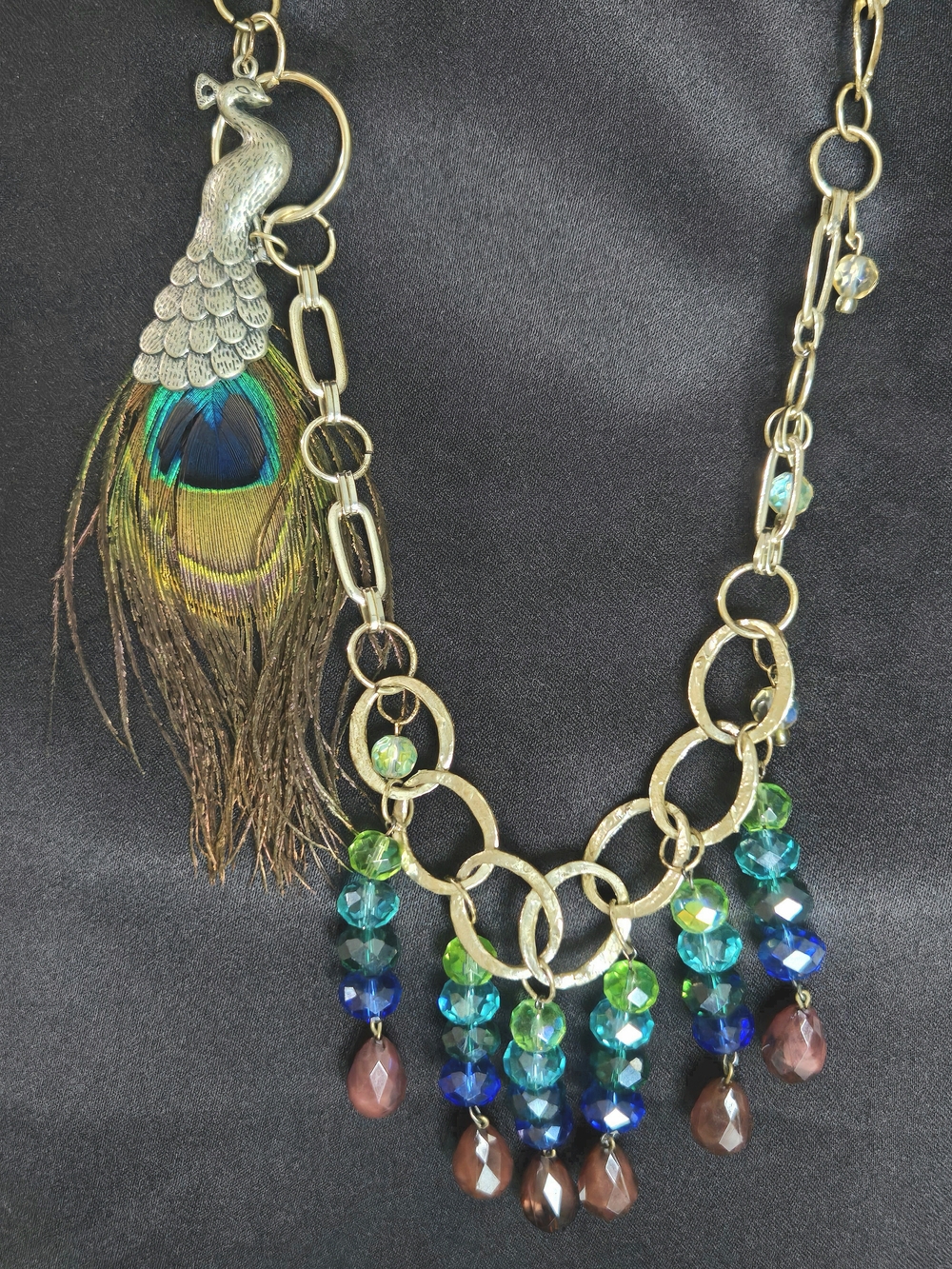 Boho Glam Peacock Real Feather Statement Necklace Fringe Asymmetrical Crystal - Picture 3 of 6